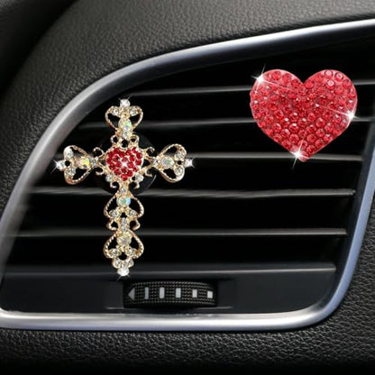 2PCS Bling Cross & Heart Car Dashboard Air Vent Trim Clip, Sparkly Rhinestone Car Air Vent Clips, Diamond Auto Diffuser Charm Clip, Auto Interior Decoration Accessory for Women Girls (Red) - size: Red
