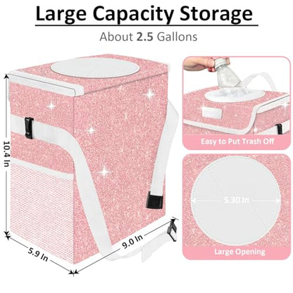 Cute Mini Car Trash Bag with Lid, Glitter Garbage Can Bin Hanging for Back/Front Seat/Console, Waterproof, Leakproof, 2.5 Gallon, Pink Bling Sparkly