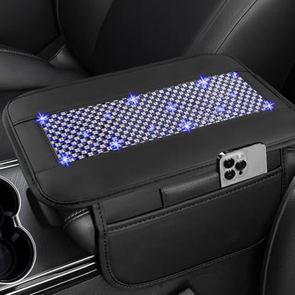 NBTEPEM Bling Car Armrest Cover, Universal Microfiber Leather Center Console Cover with 2 Pockets, Rhinestone Car Armrest Cushion Protector, Bling Accessories Interior for Most Vehicles (Blue Diamond)