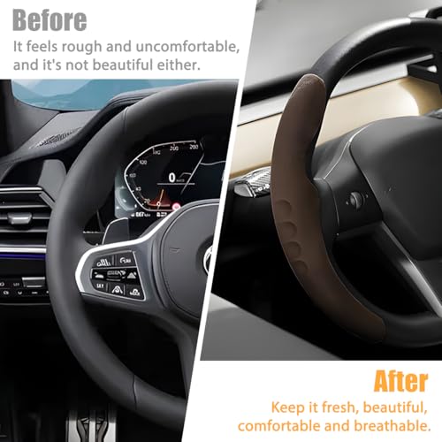 Car Steering Wheel Cover, Suede Leather Anti Slip Segmented Vehicle Steering Wheel Protector, Breathable Automotive Interior Protection Guard Accessories, Universal Fit (Coffee)
