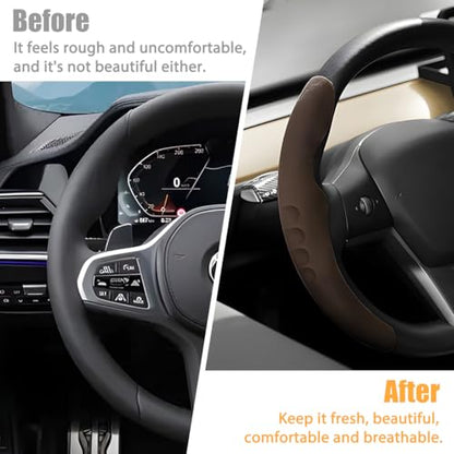 Car Steering Wheel Cover, Suede Leather Anti Slip Segmented Vehicle Steering Wheel Protector, Breathable Automotive Interior Protection Guard Accessories, Universal Fit (Coffee)