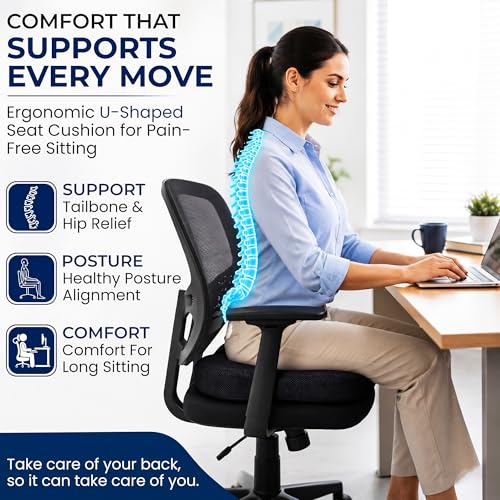 Premium Orthopedic Memory Foam Seat Cushion for Office Chair & Car Seat .Ergonomic U-Shape Coccyx Pillow for Tailbone & Sciatica Pain Relief Lower Back Problems and Long Sitting Comfort. (Black)