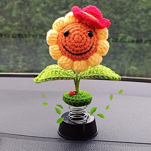 Levvohd Handmade Crochet Sunflower Car Dashboard Decorations Gifts for Women, Cute Sun Flower Hippie Car Bobblehead Dashboard Decor, Smiley Face Mini Sunflower Spring Desk Decorations - color: Red Yellow