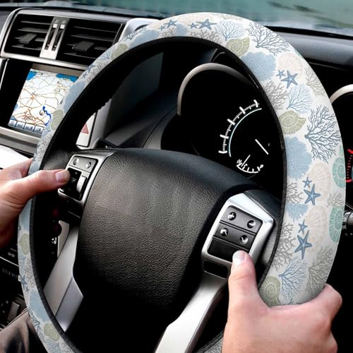 Steering Wheel Covers Nautical Coastal Ocean Coral Universal Steering Wheel Covers Beach Themed Blue Teal Automotive Steering Wheel Grip Wrap Car Accessories Protective Case Cover for Suv, Truck