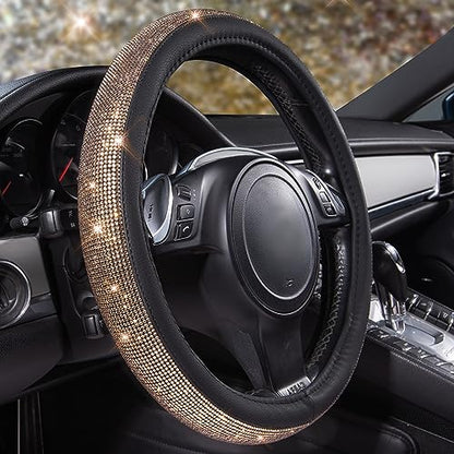 CAR PASS Bling Champagne Diamond Steering Wheel Cover, Black Leather Universal Fit 14.5-15inch Glitter Rhinestones for Women Sparkle Crystal Girly Shining for SUV,Vans,Sedan,Car,Truck, Black Champagne - color: Gold Champagne