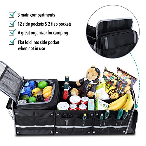 Waterproof Trunk Organizer with Insulated Leakproof Cooler Bag, Foldable Cover, Adjustable Securing Straps (Black)