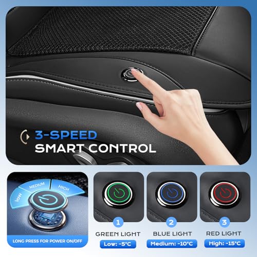 Coverado Cooling Car Seat Cover with High-Velocity Turbo Fan, Powerful Blowing & Suction Pad, 12V-24V Ventilated Cushion, 3-Speed Adjustable Airflow, Universal Fit for Car SUV Truck Van，Black