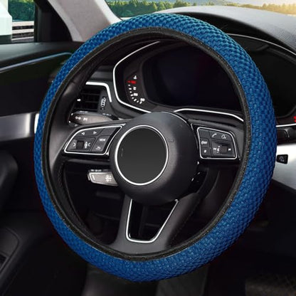 KAFEEK Elastic Stretch Steering Wheel Cover 15 Inch, Breathable Ice Silk Microfiber, Non-Slip Grip, Warm in Winter and Cool in Summer, Odorless, Car Accessories Fit Cars, SUVs, Light Blue - color: blue