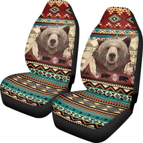 Dreaweet Native American Bear Seat Covers for Cars SUV Trucks 2 Piece Washable Universal Car Seat Cover Front Seats Only Easy to Install Carseat Cover Protection - color: Bear Native American