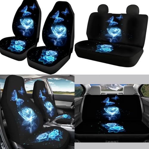Romantic Blue Rose Print Car Seat Covers Full Set for Men Women 12pcs Steering Wheel Cover Armrest Pad Gear Shift Cover Car Accessories Set for Cars Seat Covers with Headrest Covers - color: Romantic Blue Rose