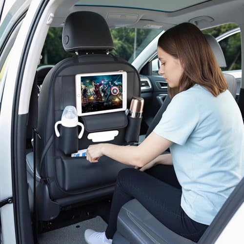 Car Seat Organizers Waterproof Backseat Protector with Storage Pocket Large Leather Kick Mats for Kids Pets Automobile SUV Truck (Black, Large Pocket) - color: Black