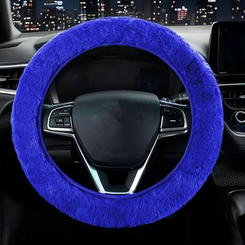 Furry Car Steering Wheel Cover, Heat Absorbing Fluffy Soft Warm Plush Non-Slip, 14 1/2-15 inch, for Women Girls, Blue - color: single cover - blue