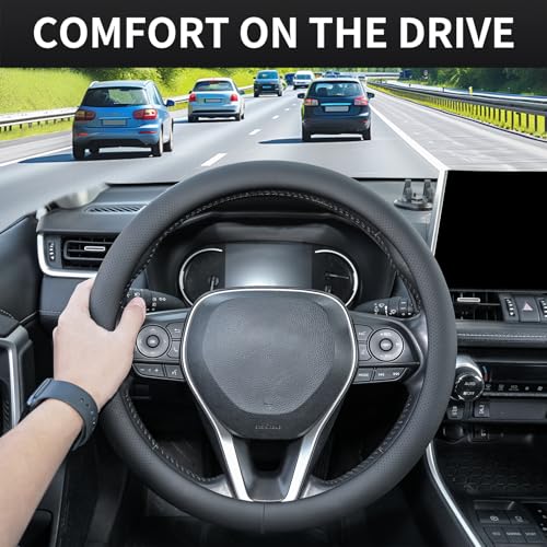 Uxcer Nappa Leather Steering Wheel Cover, Universal 14.5–15 Inch Non-Slip Breathable Steering Wheel Cover for Cars, Black - color: Black