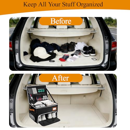 2 Layer Golf Trunk Organizer, Golf Organizer with 2 Pairs Shoes Compartment, Golf Storage Waterproof Car Trunk Locker for Balls, Caps, Clothes, Gloves, Accessories, Gifts for Golfers
