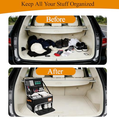 2 Layer Golf Trunk Organizer, Golf Organizer with 2 Pairs Shoes Compartment, Golf Storage Waterproof Car Trunk Locker for Balls, Caps, Clothes, Gloves, Accessories, Gifts for Golfers
