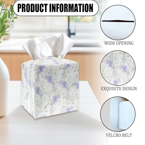 Purple Lavender Tissue Box Cover Holder, PU Leather Tissue Box Cover with Bottom Belt, Square Facial Paper Organizer for Tabletop, Bathroom, Kitchen, Car & Office -043 - color: Purple Lavender