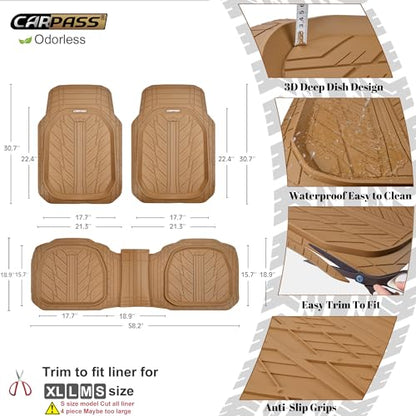 CAR PASS Tire Tread DeepDish Rubber Floor Mats for car Heavy Duty car mats All Weather, Universal XL~M Trim to Fit for Truck SUV Vehicle Automotive, Waterproof car mats 3 piece Solid Beige - color: All Beige