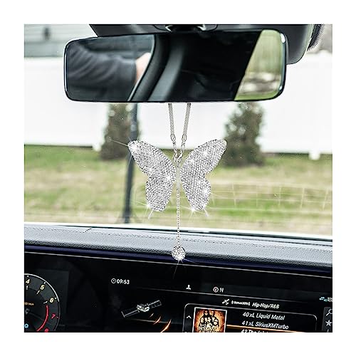 zipelo Bling Butterfly Diamond Car Accessories, Crystal Car Rear View Mirror Charms for Women, Car Decoration Lucky Gifts Hanging Interior Crystal Ornament Pendant Decor for All Cars (White) - color: White