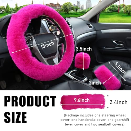 5 PCS Fluffy Steering Wheel Covers Set, Faux Wool Steering Wheel Cover & Handbrake Cover & Gear Shift Cover & 2 Seat Belt Shoulder Pads, Universal Car Accessories (Rose Red) - color: Rose Red