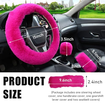 5 PCS Fluffy Steering Wheel Covers Set, Faux Wool Steering Wheel Cover & Handbrake Cover & Gear Shift Cover & 2 Seat Belt Shoulder Pads, Universal Car Accessories (Rose Red) - color: Rose Red