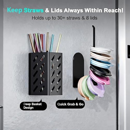 Magnetic Cup Holder for 8 Stanley 30/40 oz Tumbler, 2Pack Water Bottle Holder with Tumbler Lid & Straw Organizer, Flexible disassembly, Ideal for Fridge and Other Iron Surfaces - size: 8 bottles