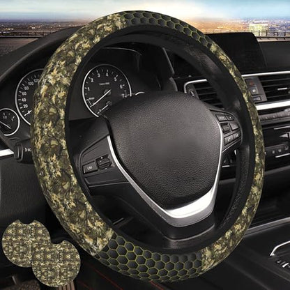 Camouflage Steering Wheel Cover Camouflage Leaf Steering Wheel Protector Neoprene 15Inch Car Accessories 2 Pcs Car Coasters for Women Men - color: Camouflage Leaf Checkered