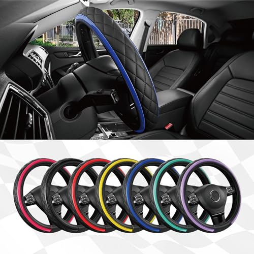 Road Comforts Leather Steering Wheel Cover – Black & Blue, Universal Fit 14.5-15 Inch, Microfiber Leather, Anti-Slip & Breathable Design for Men and Women - color: Blue