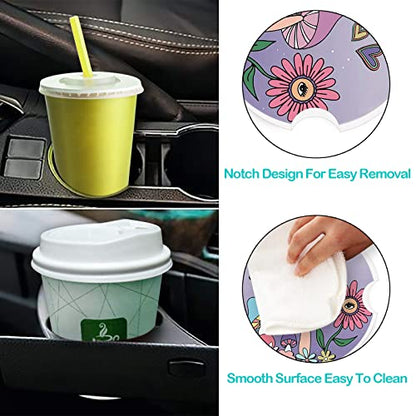 Car Coasters 2 Pack,2.56" Ceramic Stone Car Cupholder Absorbent Coaster Set for Women Men Drink Cup Holder Coasters Car Accessories(Skull Sunflowers) (Purple Mushroom) - color: Purple Mushroom