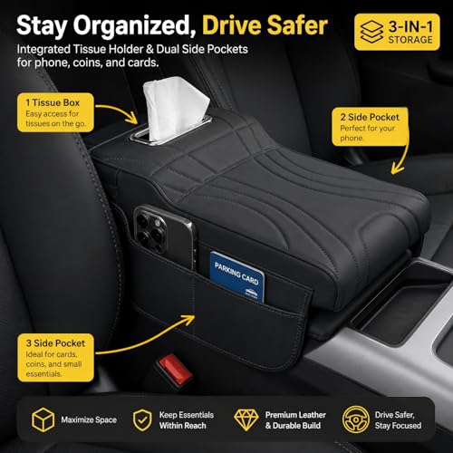 Car Center Console Cover with Tissue Box Holder, Foam Armrest Cover for Car with Side Storage Pockets, Multifunctional Waterproof PVC Leather Car Armrest Cushion Pad, Universal Fit, Black - color: Black-2