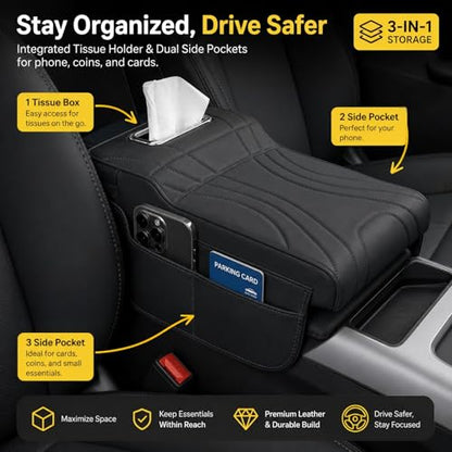 Car Center Console Cover with Tissue Box Holder, Foam Armrest Cover for Car with Side Storage Pockets, Multifunctional Waterproof PVC Leather Car Armrest Cushion Pad, Universal Fit, Black - color: Black-2