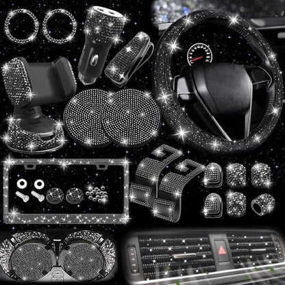NBTEPEM 27 PCs Black Bling Car Accessories Set for Women, Steering Wheel Covers Universal Fit 15 Inch, Bling License Plate Frame, Bling Phone Holder, Bling Car Coasters (Black Diamond) - color: Black Diamond