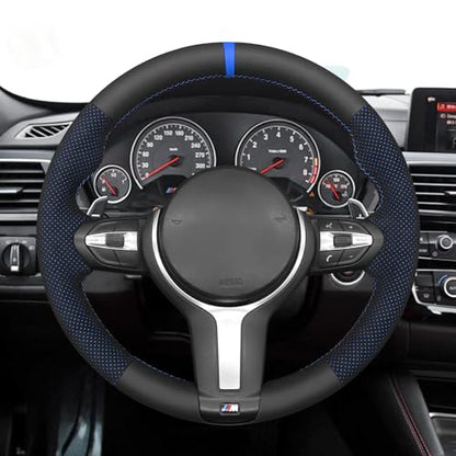MEWANT Hand-Stitched Steering Wheel Cover for BMW (M Sport) F22 F23 F30 F34 F32 F33 F36 F10 F07 F12 F13 F06 F39 F25 F26 F15 F16, DIY Custom Fit Steering Wheel Wrap for BMW - color: 12:Genuine leather & IT-ALCAN with blue layer