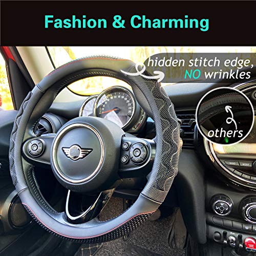 Steering Wheel Cover Great Grip with 3D Honeycomb Anti-Slip Design, Universal 14.5-15 Inch (Black/Red Stitch) - color: 2.Black (Red Trim), size: Medium(Standard) Size[14 1/2''-15'']