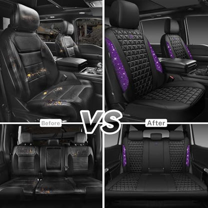 CAR PASS Bling Diamond Leather Car Seat Covers Full Seats Interior Sets, Waterproof Shining Glitter Sparkly Crystal Universal Armrest Fit Automotive Truck SUV Cute Women Girl, Black Purple Rhinestone - color: Purple Rhinestone, size: Full Set
