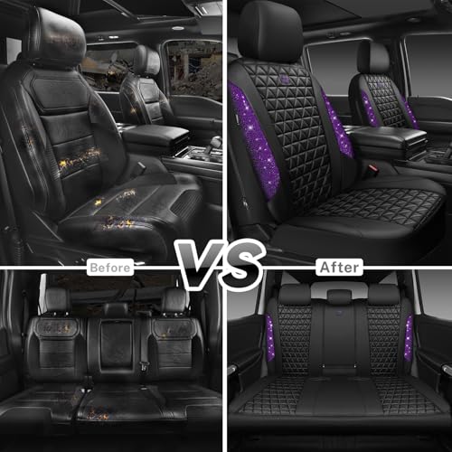 CAR PASS Bling Diamond Leather Car Seat Covers Full Seats Interior Sets, Waterproof Shining Glitter Sparkly Crystal Universal Armrest Fit Automotive Truck SUV Cute Women Girl, Black Purple Rhinestone - color: Purple Rhinestone, size: Full Set