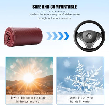 Genuine Leather Car Steering Wheel Cover, DIY Sewing Stitch on Wrap Auto Wheel Cover with Needle Thread, Breathable Anti-Slip Vehicle Steering Stitching Protector, Universal Fit (Wine Red) - color: Wine Red