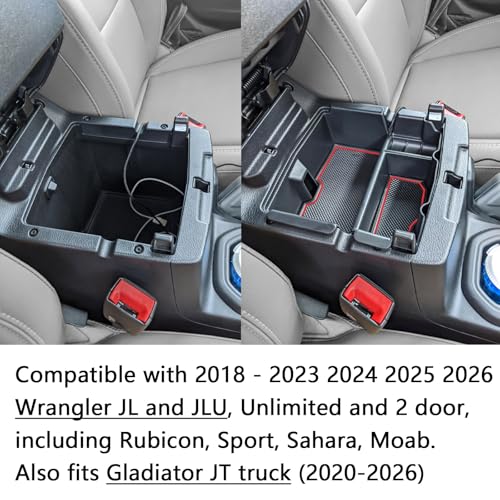 Center Console Organizer Tray Compatible with Jeep Wrangler JL/JLU 2018-2023 2024 2025 2026 and Gladiator JT Truck 2020-2026 Insert Accessories - Won't Covers The Light Inside (Red Trim) - color: Red
