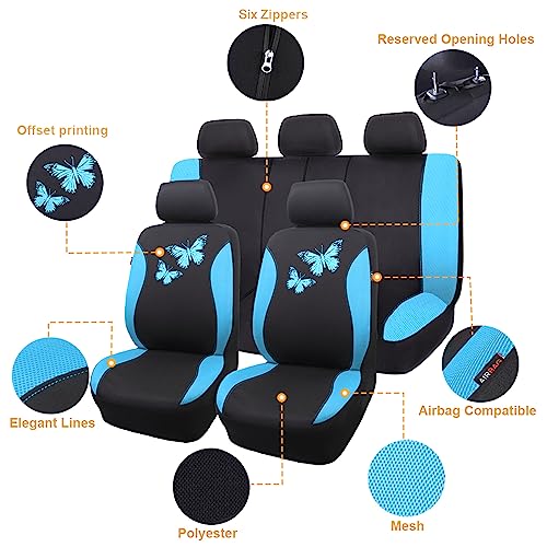 Flying Banner Butterfly car seat Covers ful Set Fashion Universal Lady Woman Female Rear Bench Split Colorized (Full Set, Mint Blue) - color: Mint Blue, size: Full set