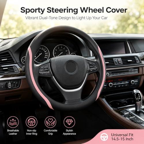 Steering Wheel Cover Black Pink, Leather Car Steering Wheel Covers with Coasters Universal 14.5-15 inch Microfiber Breathable Anti-Slip Steering Wheel Accessories Set - color: Pink, size: Medium