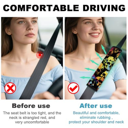 2Pcs Soft Auto Seat Belt Cover Pad Graffiti Skull Halloween Colorful Car Seatbelt Shoulder Cushion for Comfortable Driving, Compatible with All Cars' Seatbelt and Backpack Straps - color: Skull