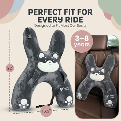 Kids Car Sleeping Pillow - X-Shaped Plush Animal for Neck & Back Support - Hands & Seat Belt Slot - Machine Washable & Compressible - Perfect for Car, Plane, Train, Boat & More - Grey