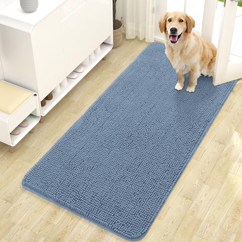 OLANLY Dog Door Mat for Muddy Paws 47x24, Absorbs Moisture and Dirt, Absorbent Non-Slip Washable Doormat, Quick Dry Chenille Mud Mat for Dogs, Entry Indoor Entryway Carpet for Inside Floor, Airy Blue - color: Airy Blue, size: 47" X 24"