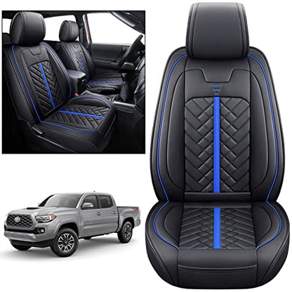 Tomatoman Tacoma Car Seat Covers Compatible with Toyota Tacoma 2005-2023 2024 2025 2026 Truck Access Double Crew Cab TRD Pro Trail Edition Off-Road Waterproof Leather Cushions(2PCS Front/Black-Blue) - color: 2 PCS Front/Black-Blue