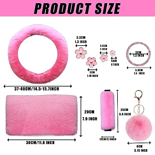 Fluffy Steering Wheel Cover for Women with Furry Gear Cover &Handbrake Cover&Seat Belt Cover&Armrest Pad Fuzzy Car Accessories for Women Pack of 14 (Pink) - color: Pink