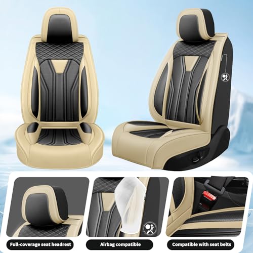 Fit Civic Car Seat Covers Compatible with Honda Civic 2001-2025 2026 -Premium Leather，Waterproof Breathable，All-Weather Seat Cushion Protecto&Airbag Compatible(2 Front Seat Beige&Black) - color: Front Pair 【Beige Black#02】, size: For Honda Civic 2001-2025
