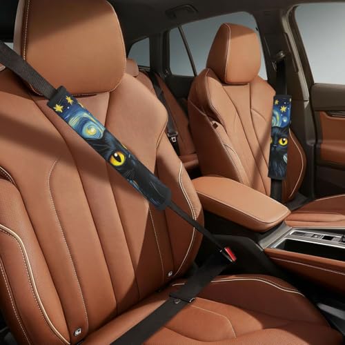Seat Belt Cover Pads Starry Night Art Animal Cat Car Seat Belt Covers for Women Men Adults Kids Soft Comfortable Auto Seatbelt Cushion Shoulder Strap Pad Handle Wraps, 1 Pair - color: Starry Night Art Animal Cat