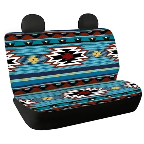 WELLFLYHOM Aztec Print Universal Rear Split Bench Seat Cover for Cars Truck SUV No Headrest Tribal Turquoise Geometric Stripe Design Back Seat Backrest Saddle Blanket Protector Set of 2 - color: Blue Aztec Print