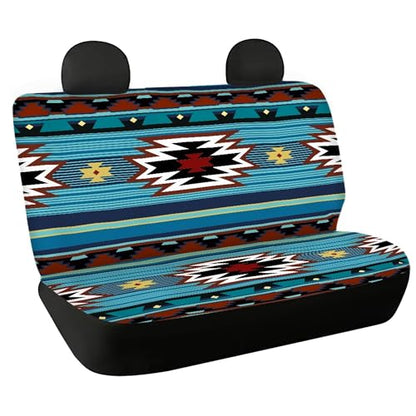 WELLFLYHOM Aztec Print Universal Rear Split Bench Seat Cover for Cars Truck SUV No Headrest Tribal Turquoise Geometric Stripe Design Back Seat Backrest Saddle Blanket Protector Set of 2 - color: Blue Aztec Print