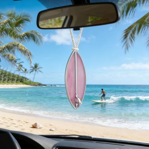 Surfboard Car Decor Charm Beach Rear View Mirror Accessories Stained Glass Car Accessories Ocean Decor Hanging Sun Catcher Surfer for Women Man (Pink)