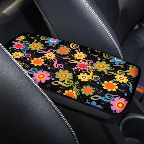UNICEU Neoprene Car Center Console Armrest Cover, Colorful Cute Flowers Music Notes Print Soft Non Slip Auto Interior Armrest Box Pad Cover, Universal - color: Cute Flowers Music Notes